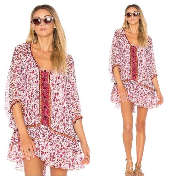 Poupette St Barth Women Pink Boho Ruffle Poncho Tiered Mini Dress, one size $300 - Picture 1 of 8